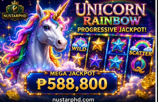 NUSTARPH slot screen showing reels, spin control, stake selector and paytable access